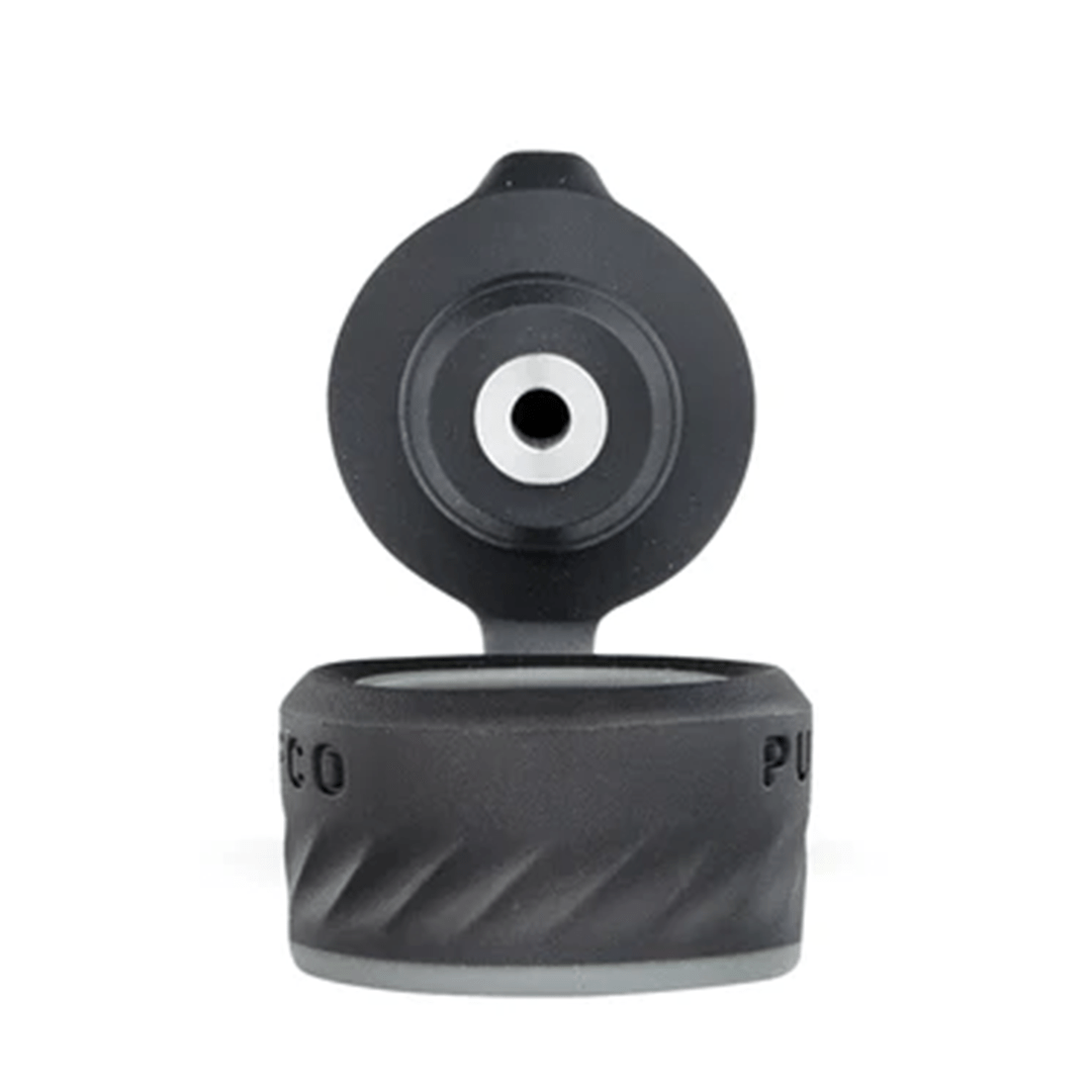 Front-facing close-up of the Pearl Puffco Peak Pro Joystick Cap with its hinged top open, showing the centered circular opening and textured black base.