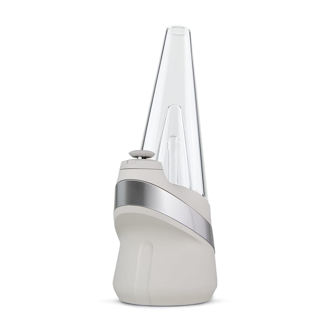 Front three-quarter view of the Puffco New Peak Vaporizer in onyx, shown upright with its clear conical glass attachment and matte black base against a white background.