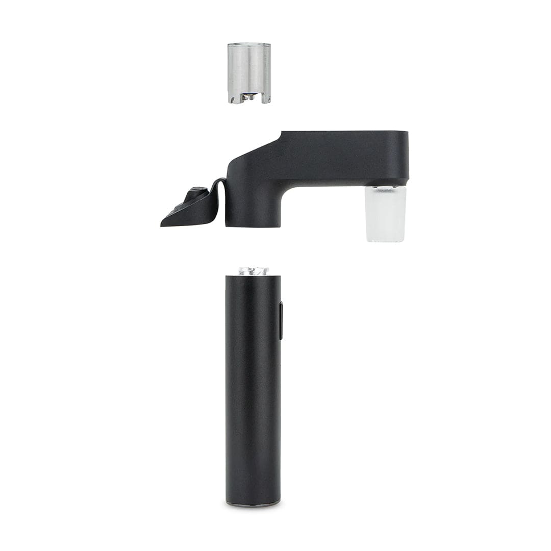 Centered flat-lay of the black Puffco Pivot Glass Adapter parts against a white background, shown disassembled and aligned vertically.