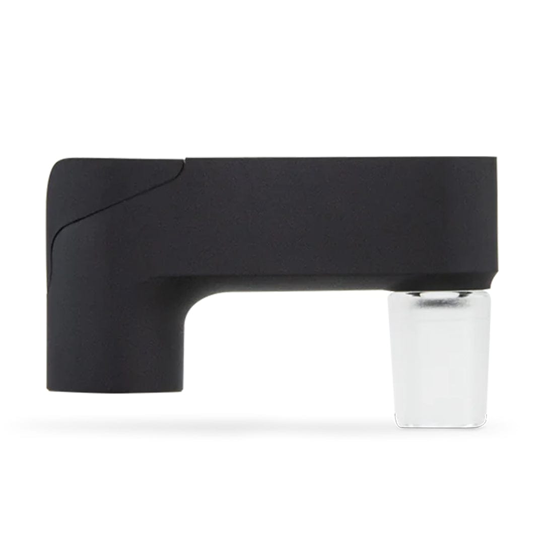Side-on view of the Puffco Pivot Glass Adapter in matte black showing its L-shaped body and clear glass joint against a white background.