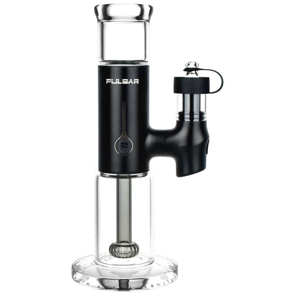 Front view of the APX eRig, a modern device with a clear glass chamber and silver accents, angled slightly on a white background.