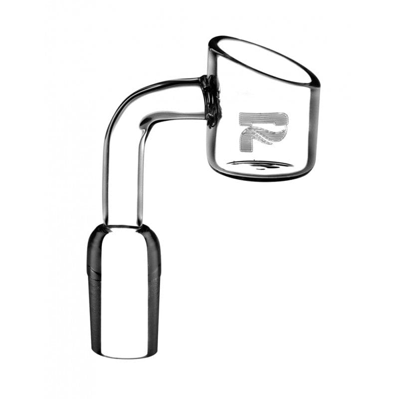 Angled close-up of the clear Pulsar Domeless Quartz Side Banger | 10Mm Male showing its curved neck and slightly tilted bucket with a subtle logo.