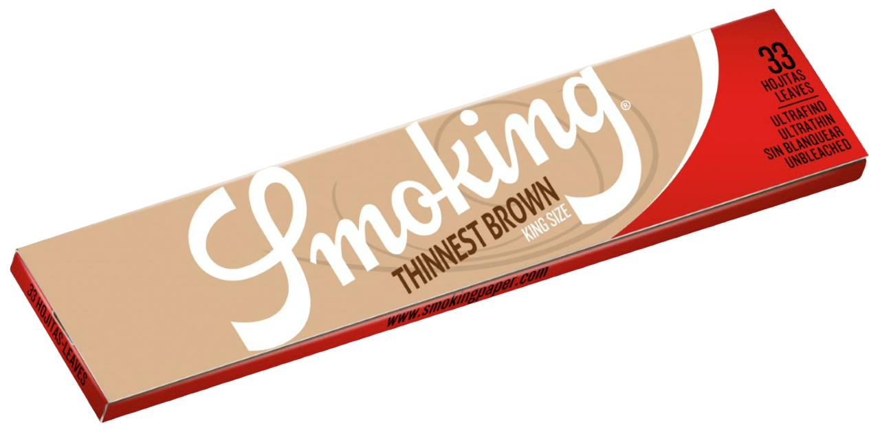 A close-up of Smoking Thinnest King Size Papers displayed with a blue and white design and product information.