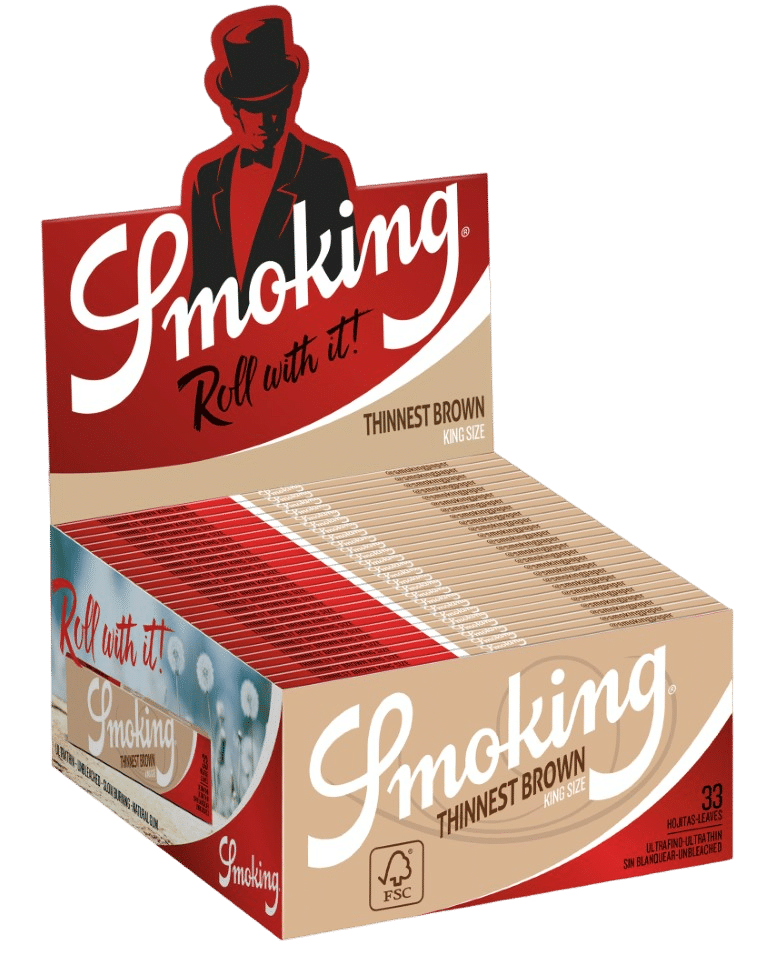 A stack of Smoking Thinnest King Size papers is shown in a close-up, angled view against a simple white background.