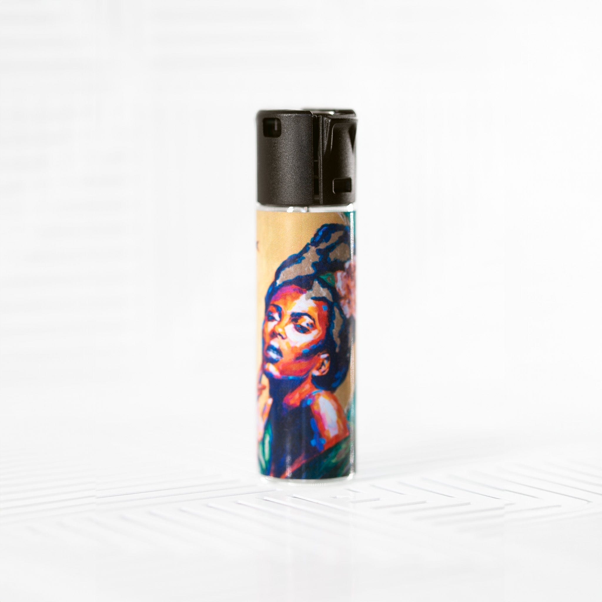 Close-up, centered view of the top of the mozzafiato x smoothee Stash Jar showing its black cap and colorful illustrated body against a soft white background.
