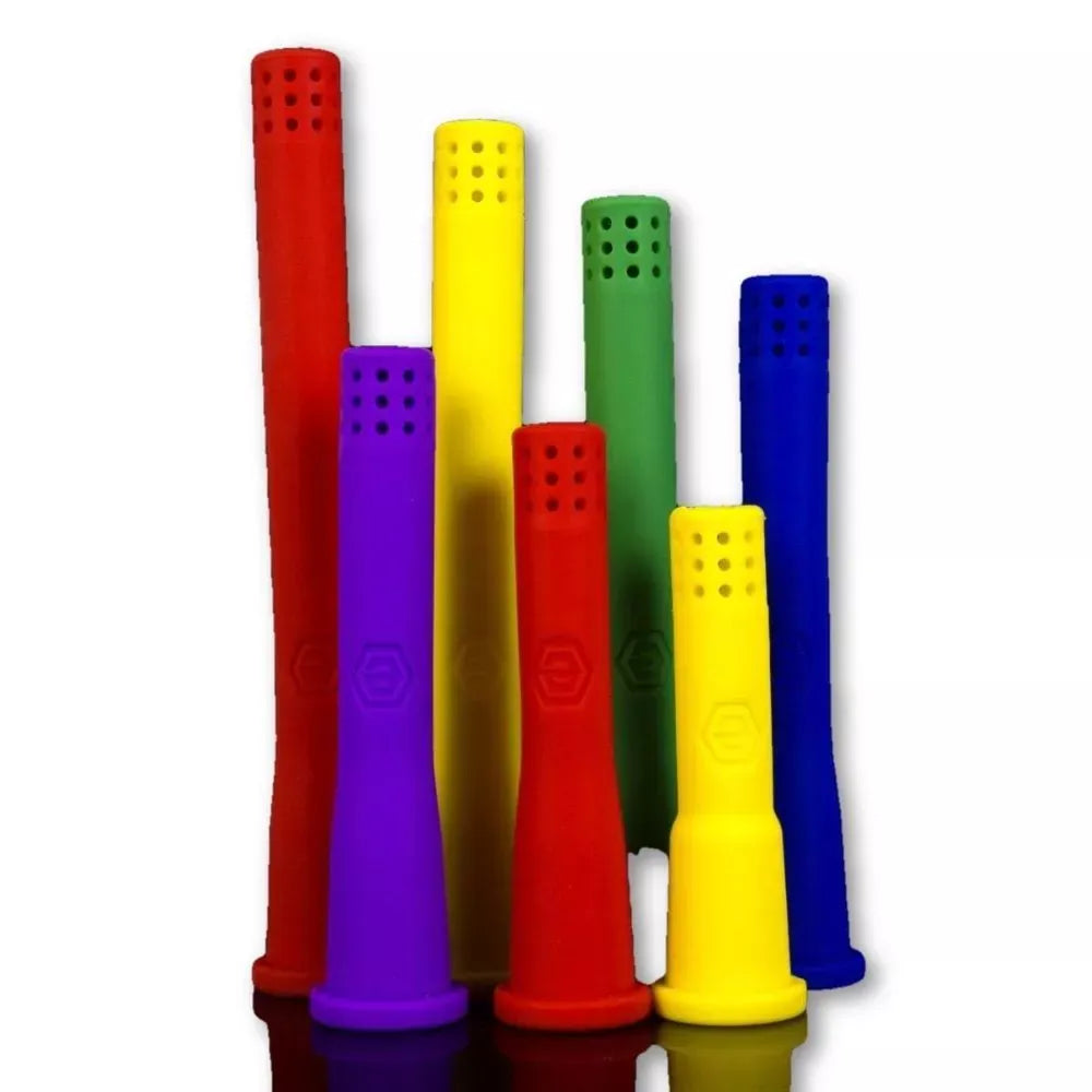 A clustered, front-facing arrangement of colorful silicone tubes in red, purple, yellow, green and blue shown against a white background, Entropy Labs Solid Color Silicone Downstem.