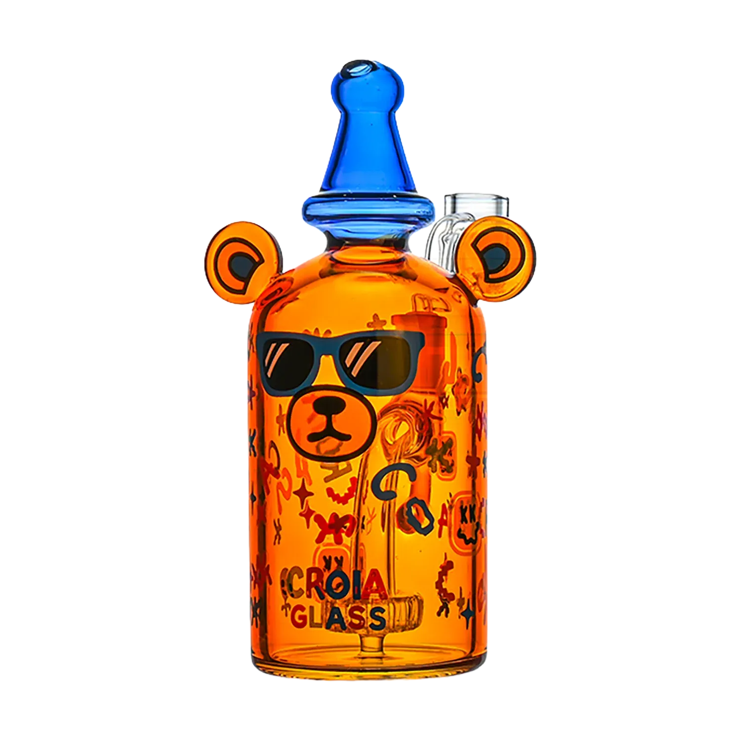 Centered front view of the orange Croia Glass Cool Teddy Bear Dab Rig with Showerhead Perc featuring a blue top and bear face.