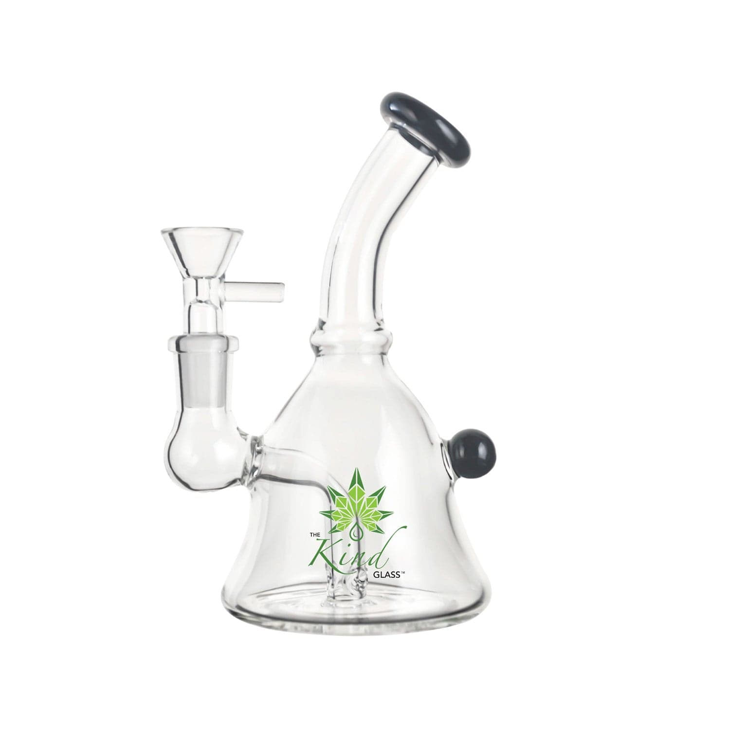 Angled close-up of The Kind Glass 6″ Mini Bong showing its clear glass body, bent neck with a black rim, and side bowl against a white background