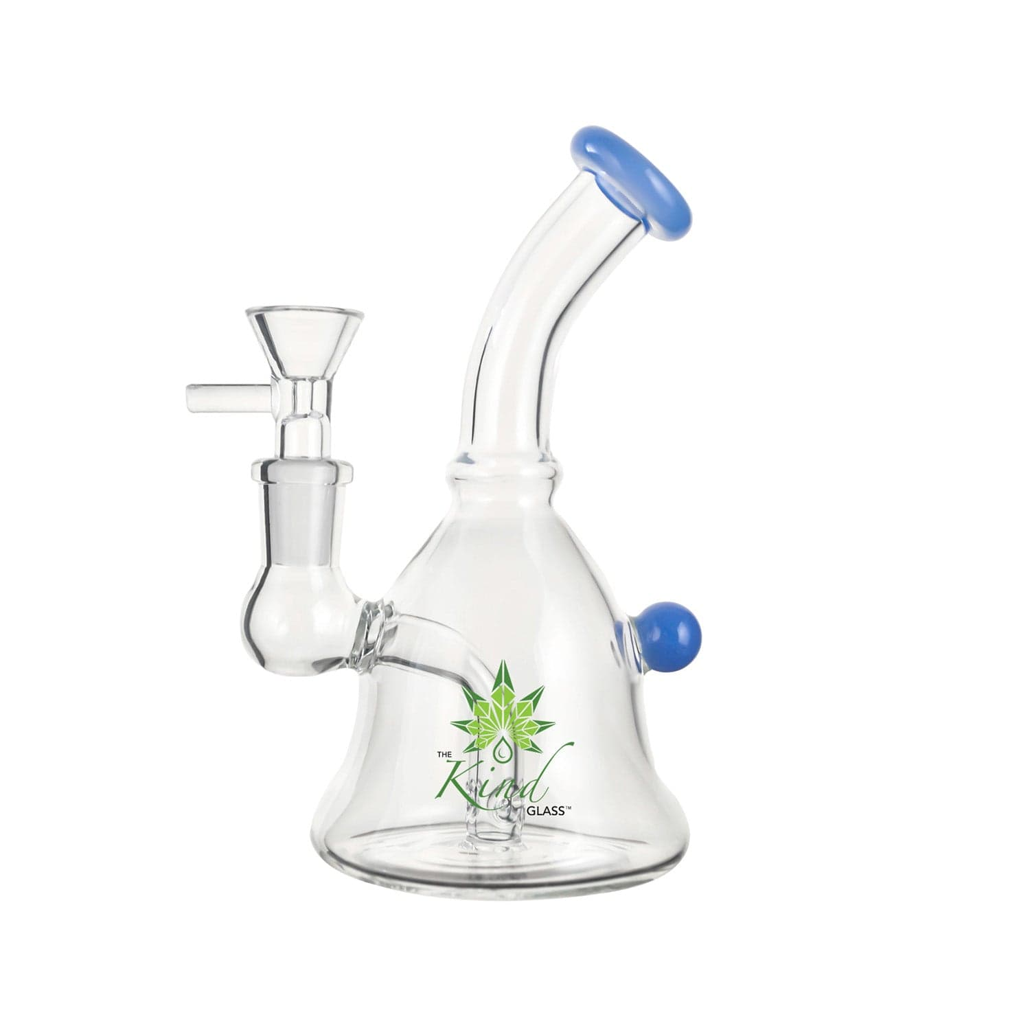 Top-front view of The Kind Glass 6″ Mini Bong showing its clear glass body, angled mouthpiece with a blue rim, and a blue side knob against a white background