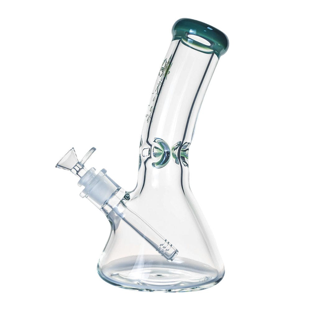 Angled studio shot of the 9mm Bent Neck Beaker showing its clear glass beaker base, slanted neck with teal-rimmed mouthpiece, and removable downstem.