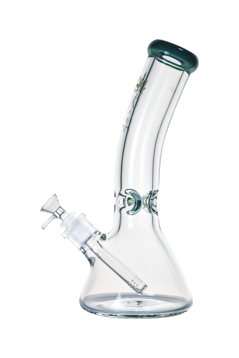 Angled studio shot of the 9mm Bent Neck Beaker showing its clear glass beaker base, slanted neck with dark green rim, and downstem assembly.