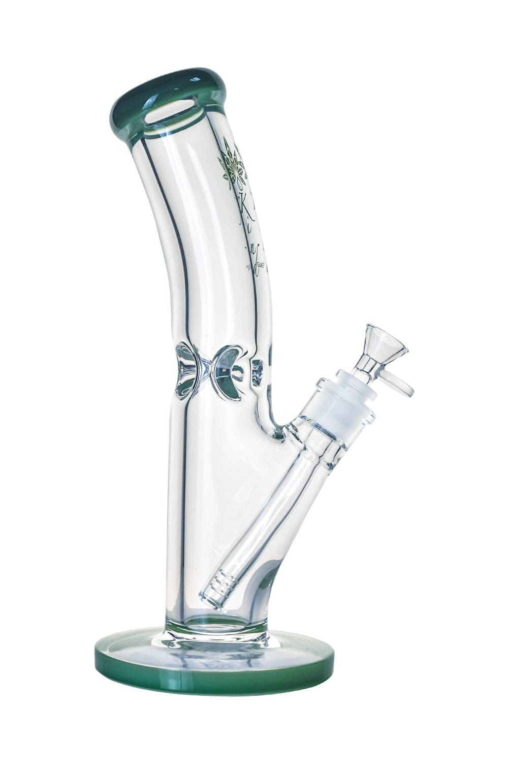 Angled studio shot of the 9mm Bent Neck Tube showing its clear glass bent neck, green-rimmed mouthpiece and base, and removable downstem.