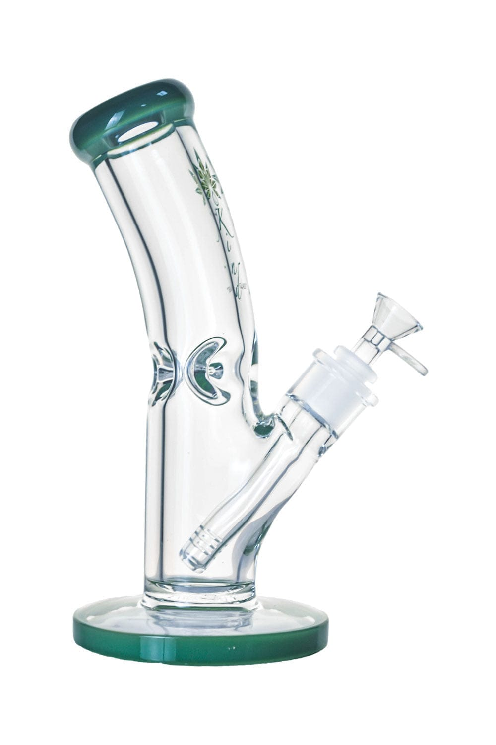 Three-quarter side view of a clear 9mm Bent Neck Tube with green-rimmed mouthpiece and base against a white background.