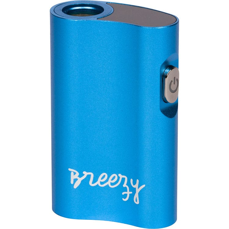 Angled close-up of the blue Breezy showing its rounded rectangular metal body, power button on the side, and white script logo.