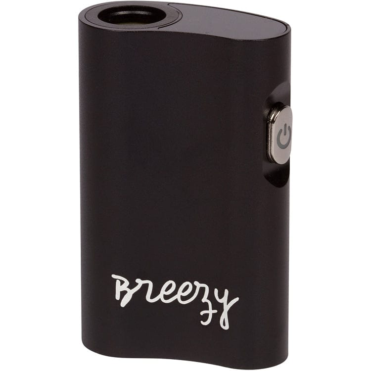 Three-quarter view of the black Breezy showing its rounded rectangular body, top opening, side power button, and white script logo.