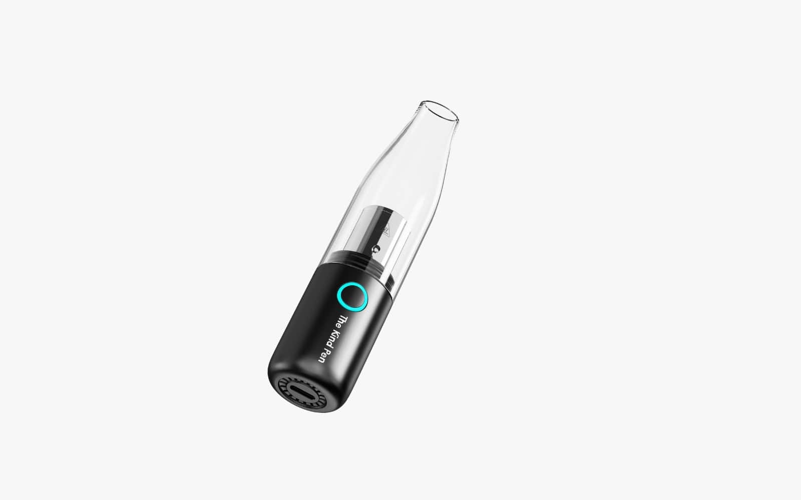 Angled close-up of the Bullet 2.0 Concentrate Vape showing its clear tapered mouthpiece and matte black base with a glowing blue power ring.