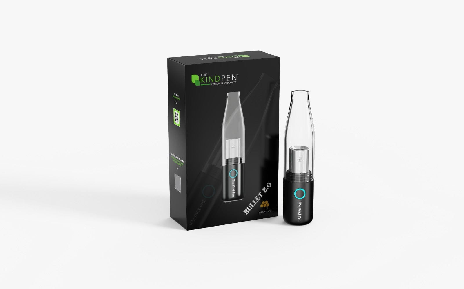 Three-quarter view of the Bullet 2.0 Concentrate Vape beside its black retail box on a white background, both showing the device's clear bulb mouthpiece and glowing blue power ring.