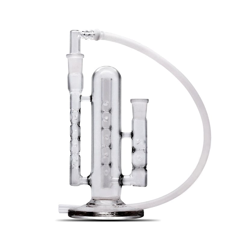 A slightly angled view of The Cactus Cooling Whip Dry Pipe, featuring a clear glass tube with a curved mouthpiece and a simple base.