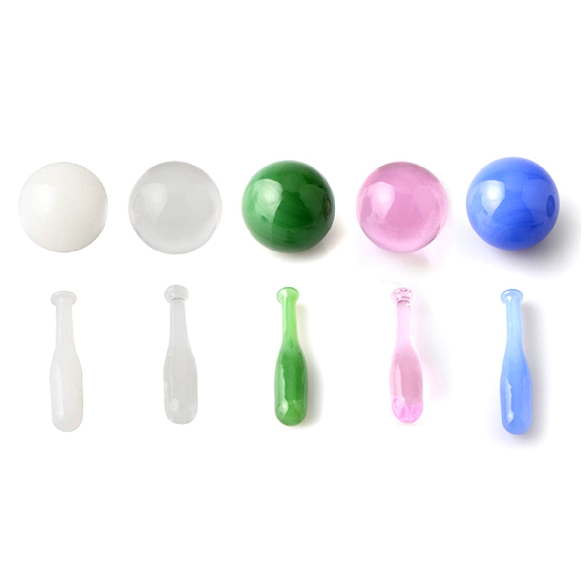 Front view of the Baseball Bat Terp Slurper Set, displaying four colorful, cylindrical glass tips arranged on a plain white background.