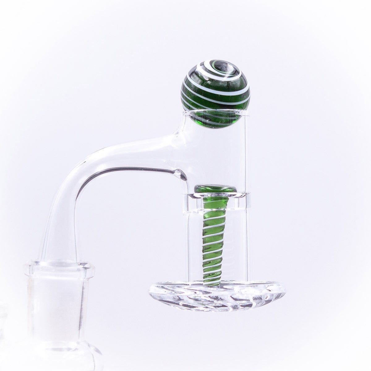 A close-up shot of the Glass Terp Screw and Marble Slurper Cap Set, showcasing the transparent glass components against a neutral background.