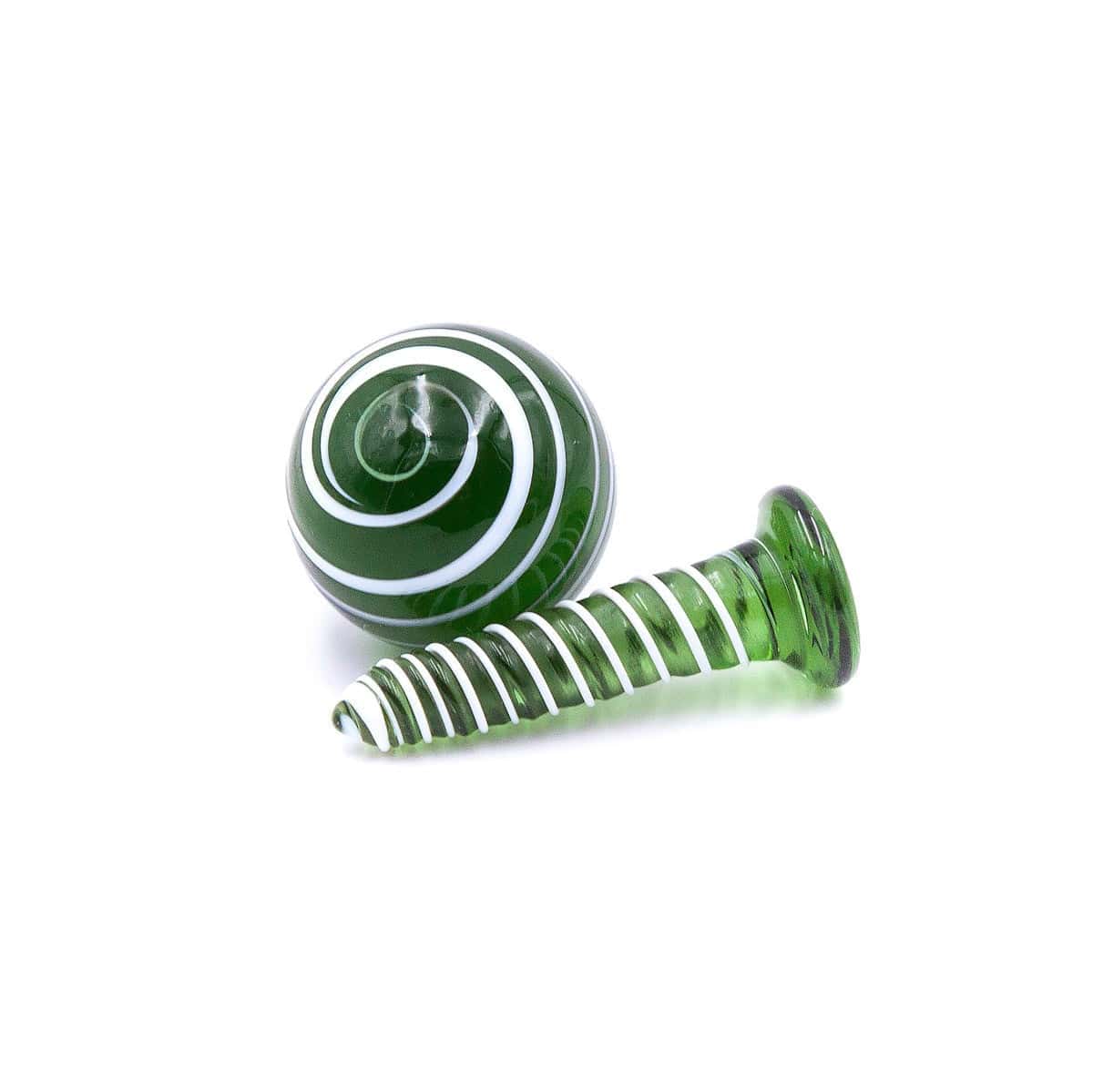 A close-up view of the Glass Terp Screw and Marble Slurper Cap Set, showcasing the clear glass construction and rounded design.