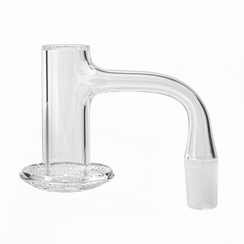 A close-up, angled view of the XL Blender Full Weld Quartz Banger, showing its clear quartz construction and full weld joint.