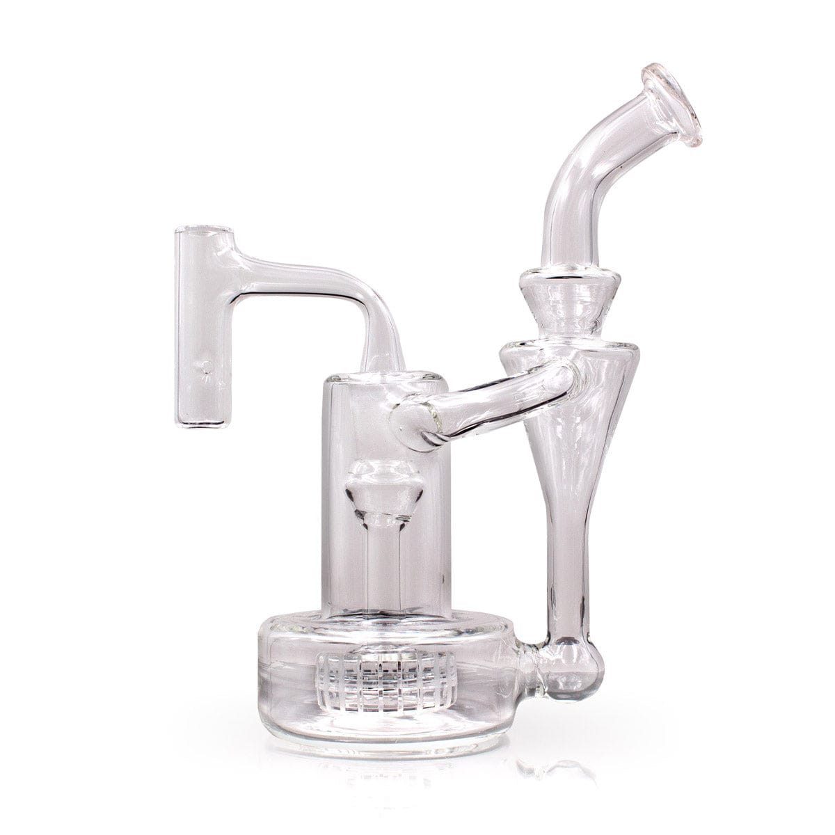 Front view of the 7.25 Matrix Recycler Water Pipe, showcasing its clear glass construction and intricate recycler design.