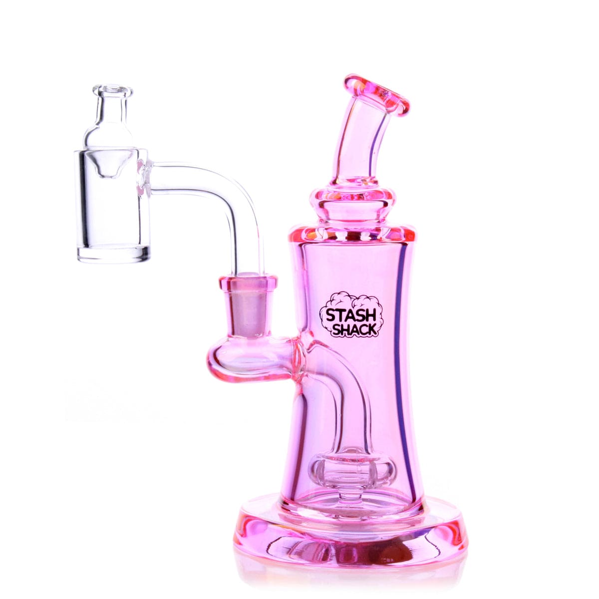 Front view of the Elysian Mini Rig, a small glass rig with a clear body and angled mouthpiece.