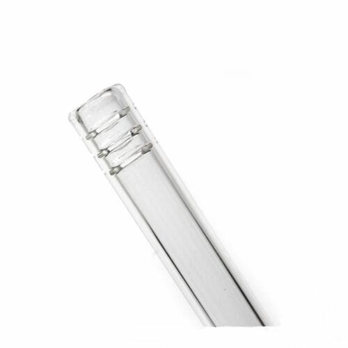 A slightly angled view of the 14mm Female Glass Diffuser Downstem, showcasing its clear glass construction.