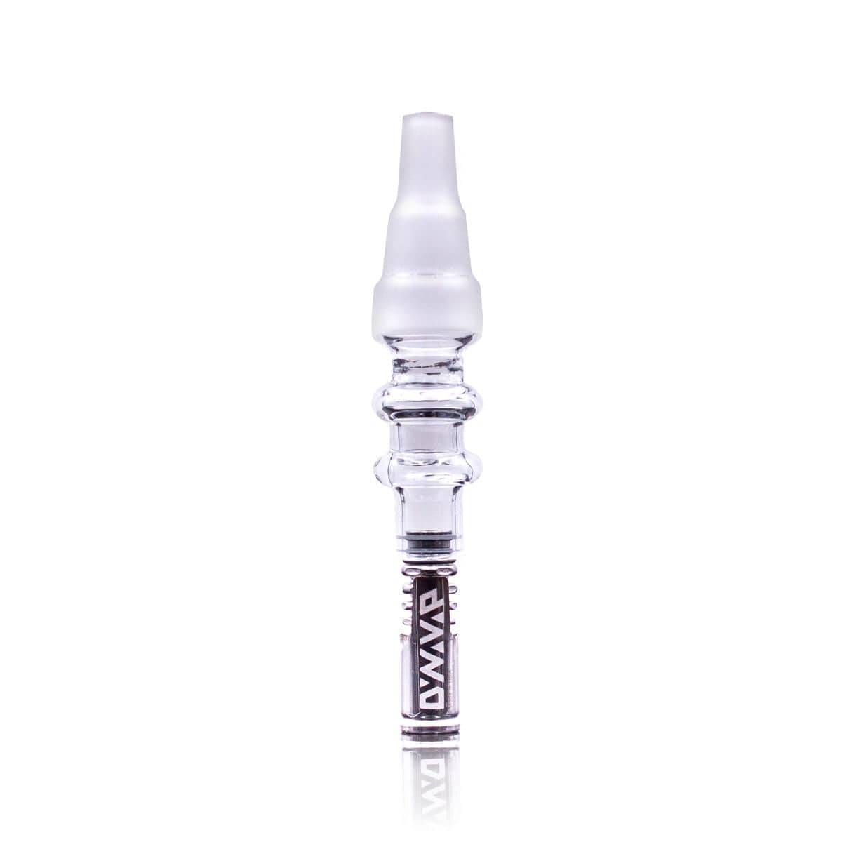 Front view of the Universal Glass Adapter for DynaVap, a clear glass piece with ribbed detailing and a cylindrical shape.