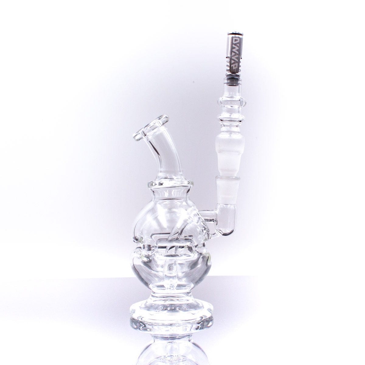 Front view of the Universal Glass Adapter for DynaVap, a clear glass piece with a unique, multi-tiered design.