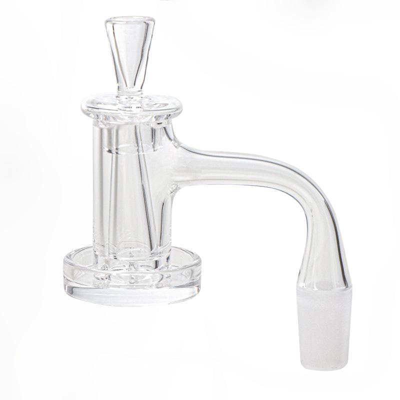 A close-up, angled view of the Full Weld Charmer Quartz Banger Set with Quartz Cap & Quartz Cone, showcasing its clear quartz construction.