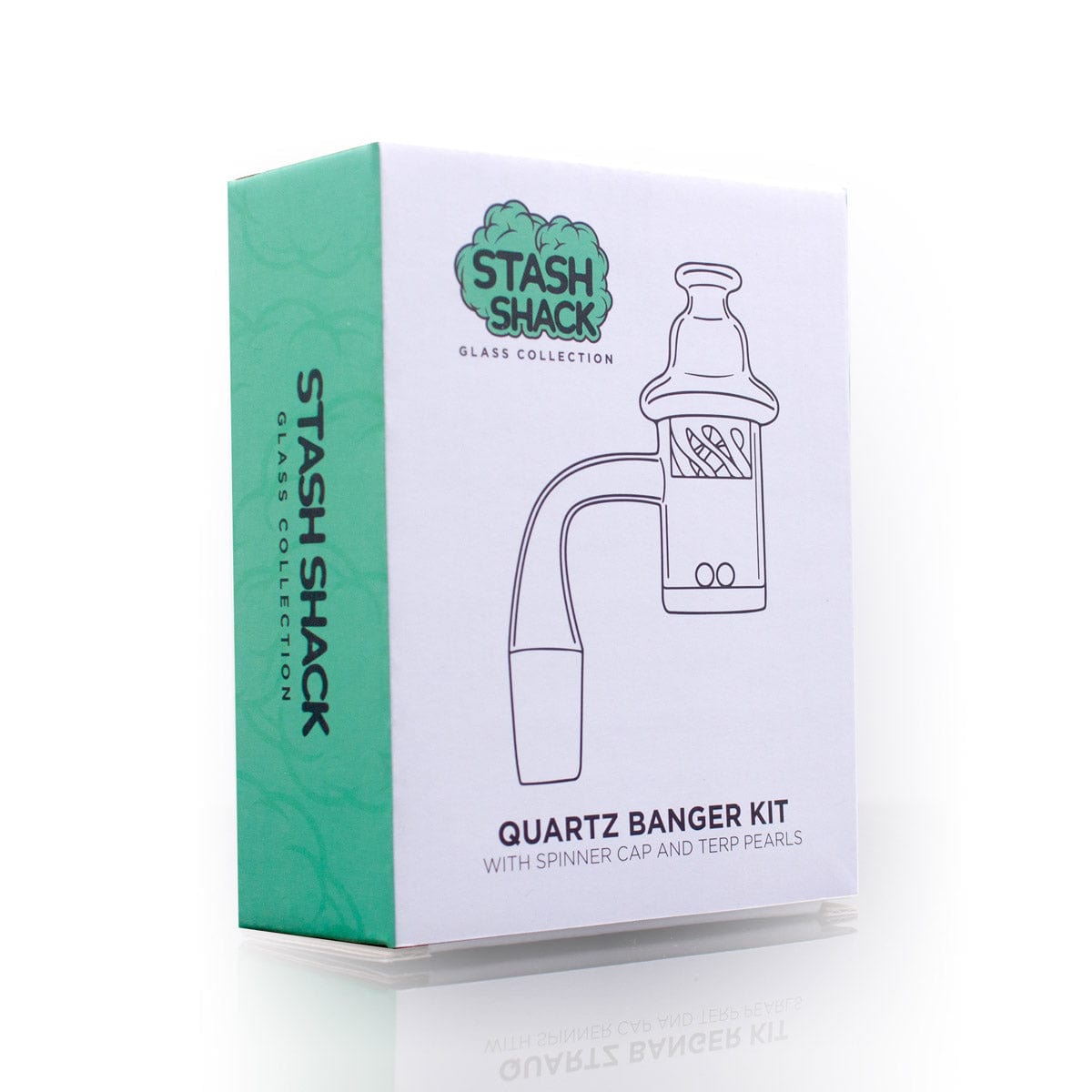 Front view of the Quartz Banger Set with Spinning Carb Cap and Terp Pearls, showing the clear glass set against a plain white background.