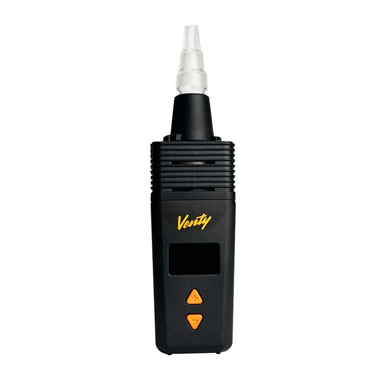 Front view of the Venty Vaporizer 3 in 1 Glass Water Pipe Adapter, a black handheld device with a sleek, cylindrical design.