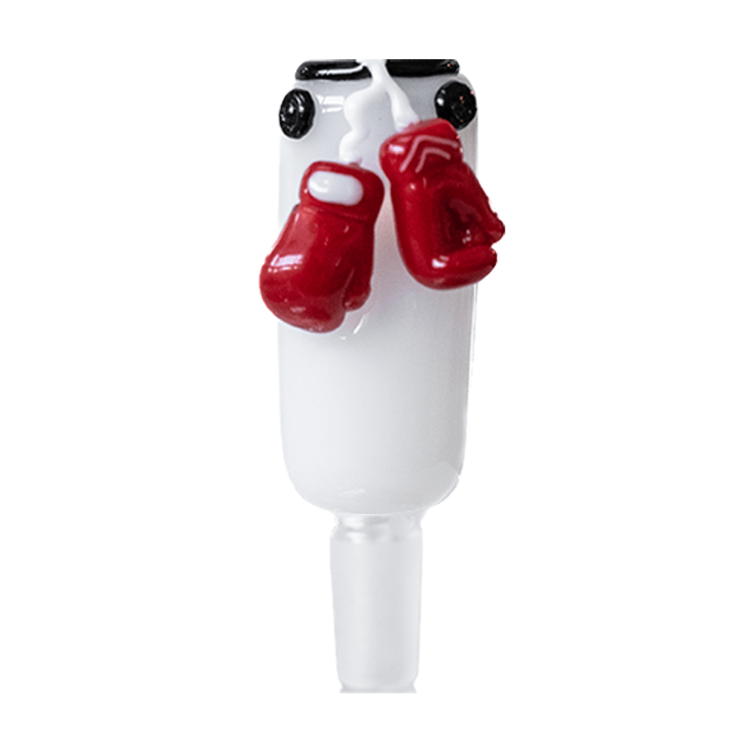 A close-up of the Tyson Heavy Bag Bowl, showcasing the red boxing glove design on the clear glass piece.