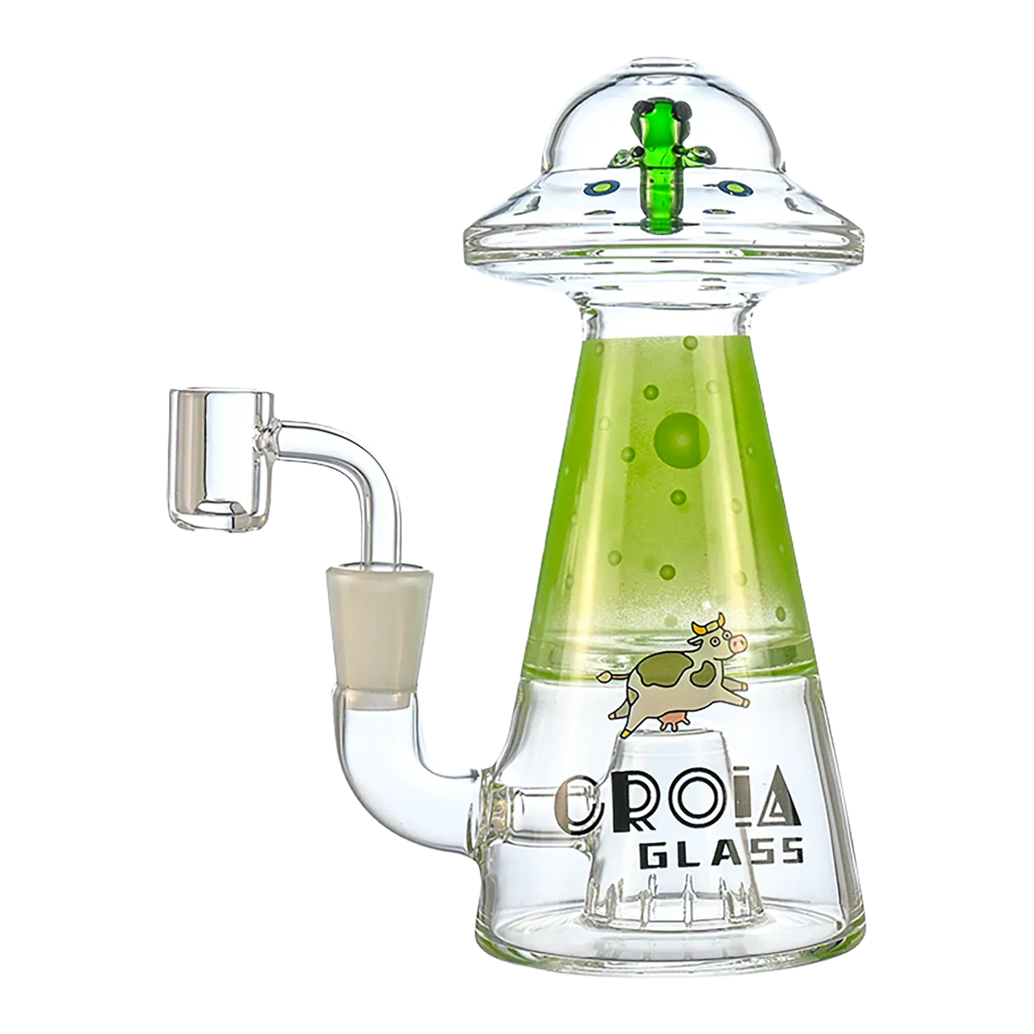 Side view of the Croia Glass UFO Alien Dab Rig with Showerhead Perc showing a clear glass conical body with a green interior, domed UFO top and small alien figure.