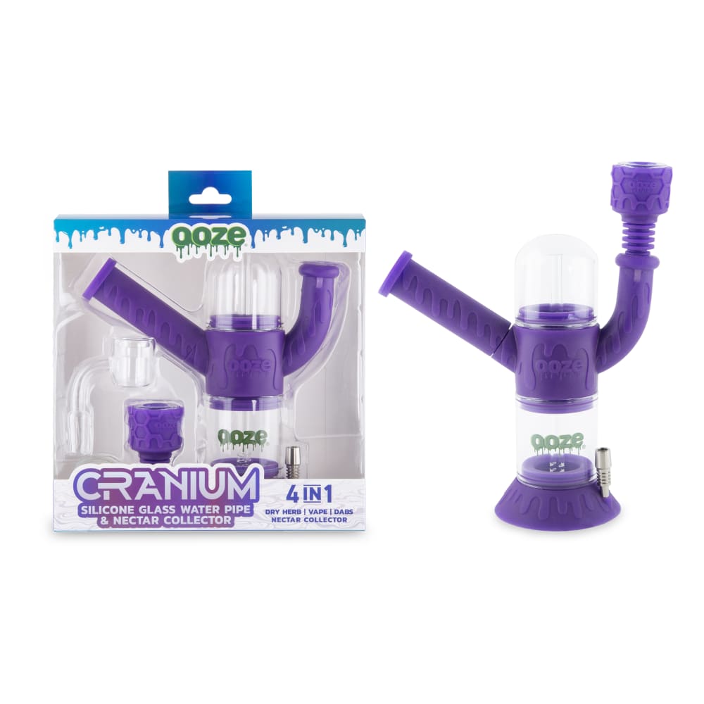 Right-side angle shot of the Ultra Purple Ooze Cranium Silicone 4-in-1 Hybrid Bong next to its boxed packaging, both on a white background.