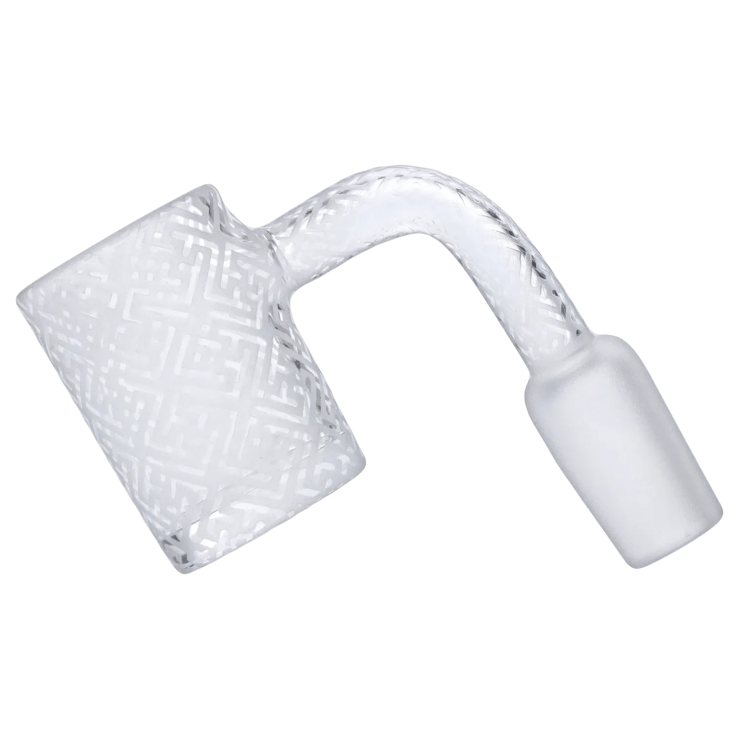 Angled close-up of the frosted DHC Frosted Banger - 14mm showing a textured square bucket and curved frosted neck against white.