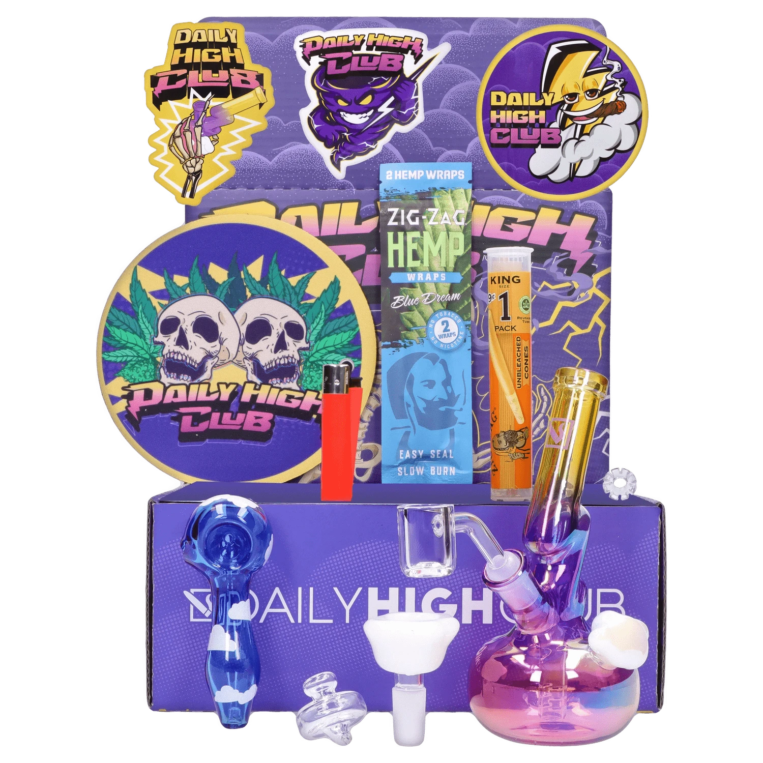 Front view of the "Thunderstruck" Smoking Box showing colorful purple packaging, stickers, a red lighter, hemp wrap pack, and a small iridescent glass rig.