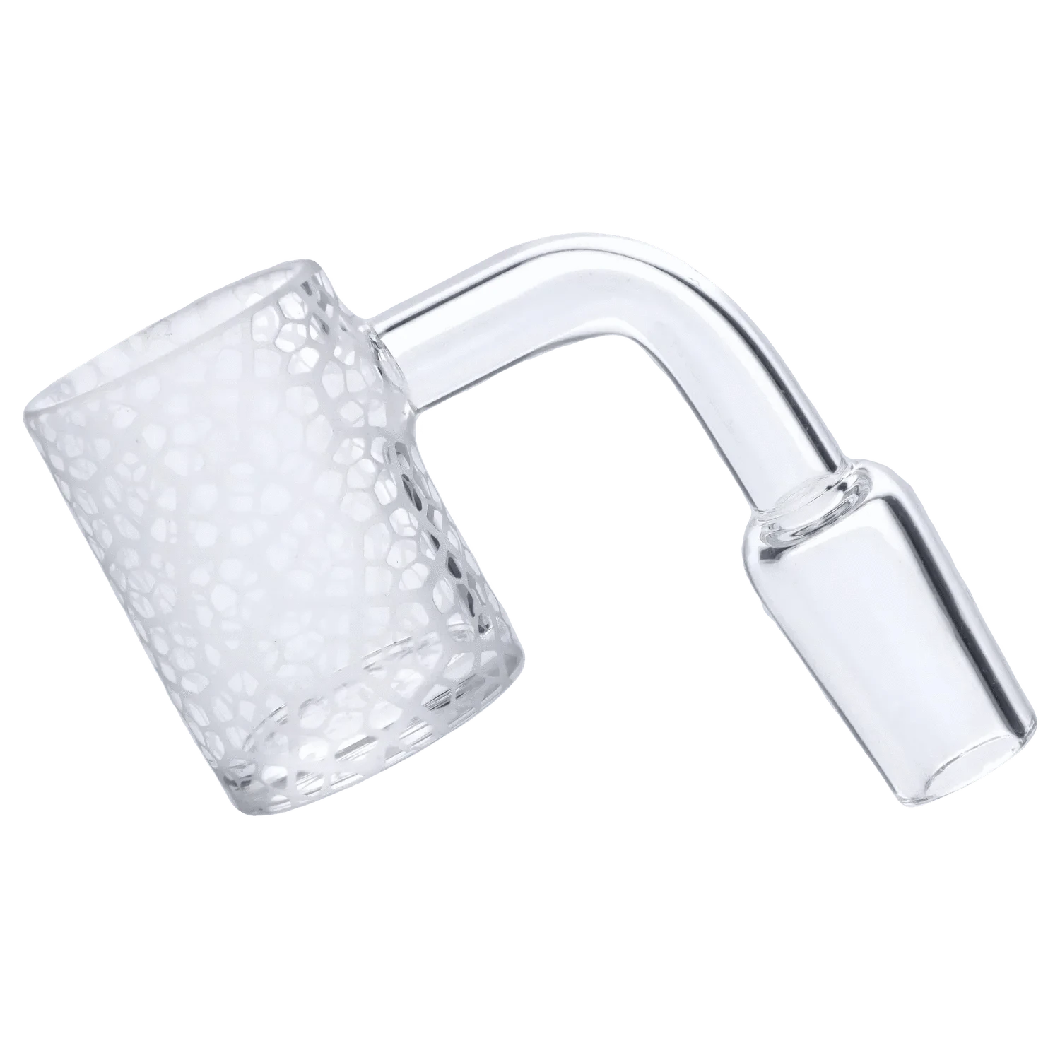 Angled close-up of the DHC Frosted Banger - 14mm showing a frosted, patterned bucket and a clear, curved glass neck.