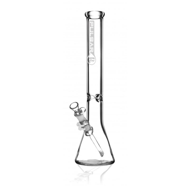 Straight-on view of the clear 18-inch Pulsar 7Mm Thick Beaker Bong | 18 Inch standing on a white background with its angled downstem and logo visible.
