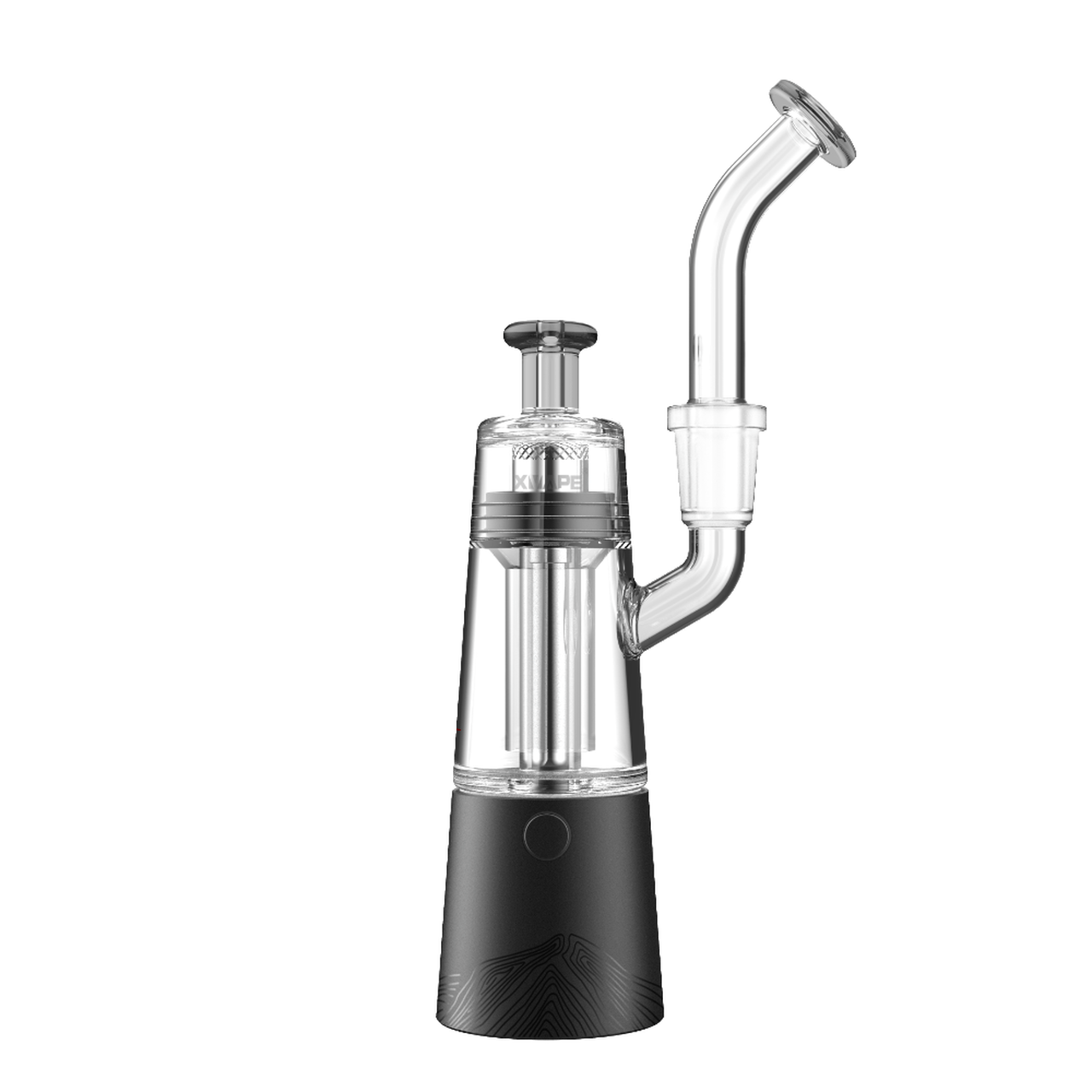 Centered front view of the XVAPE Vista Mini 2 Portable Dab Rig in black showing its clear glass chamber, upward-angled mouthpiece, and matte black base.