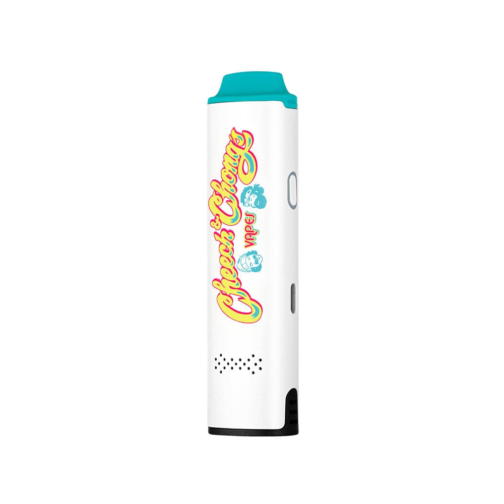 Vertical studio shot of the white XVAPE Cheech & Chong’s Mambo Flower Vaporizer with teal mouthpiece and colorful Cheech & Chong logo down the side
