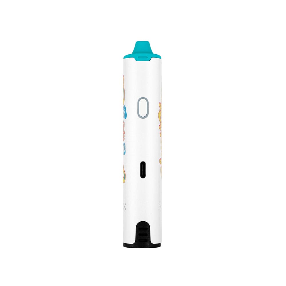 Straight-on view of the white XVAPE Cheech & Chong’s Mambo Flower Vaporizer with a teal mouthpiece and slim oval control button.
