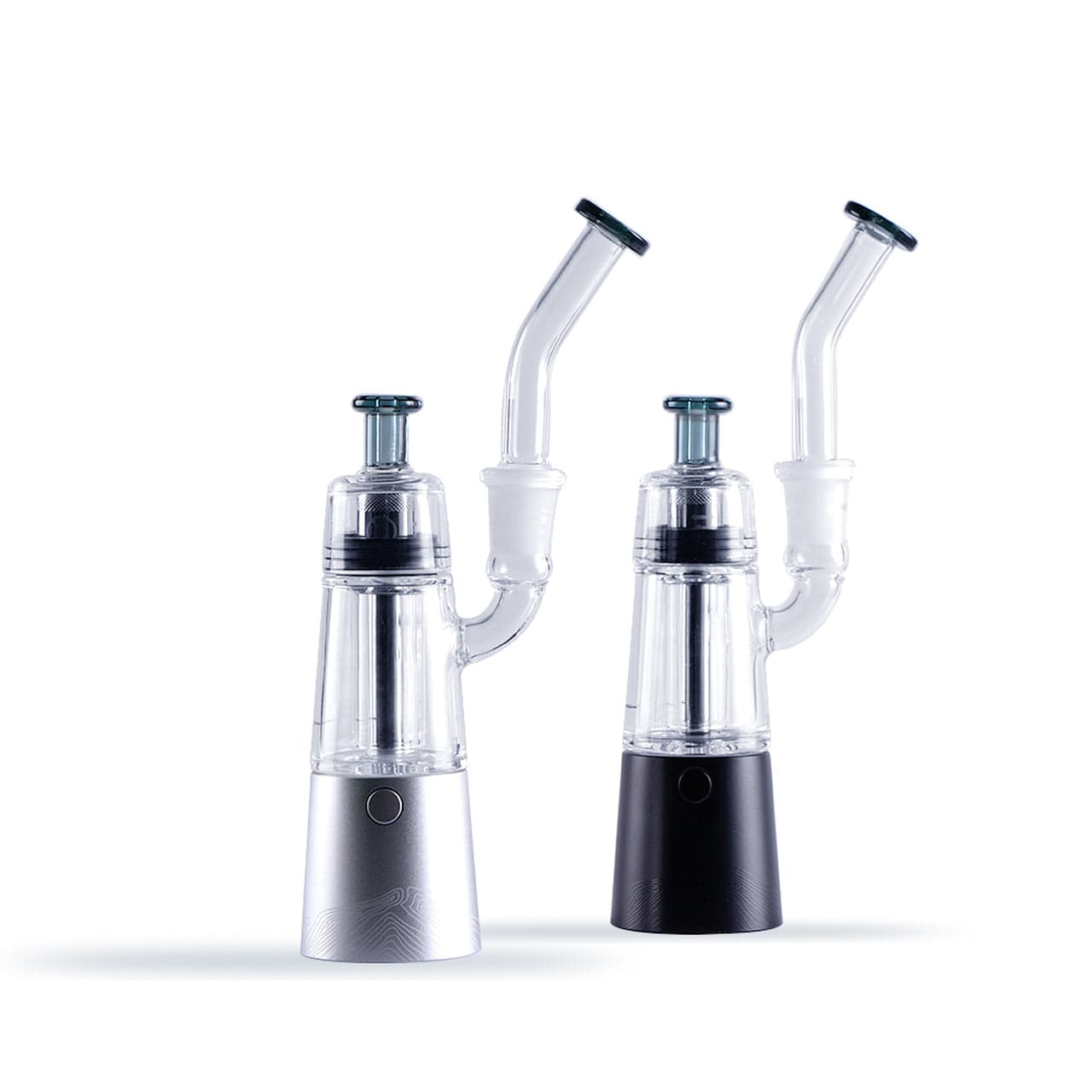 Front view of two XVAPE Vista Mini 2 Portable Dab Rig units, one silver and one black, shown side-by-side on a white background with their clear glass mouthpieces angled upward.