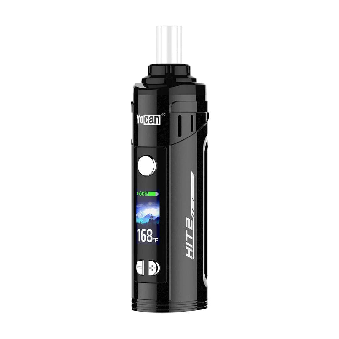 Front view of the black Yocan Hit 2 Vaporizer standing upright on a white background, showing its round power button, colored OLED display reading "168°F" and a clear mouthpiece.