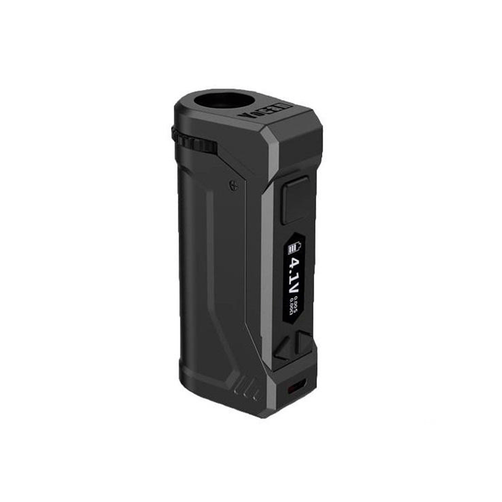 Three-quarter front view of a dark handheld Yocan UNI Pro with a small vertical display showing "4.1V" against a plain white background.