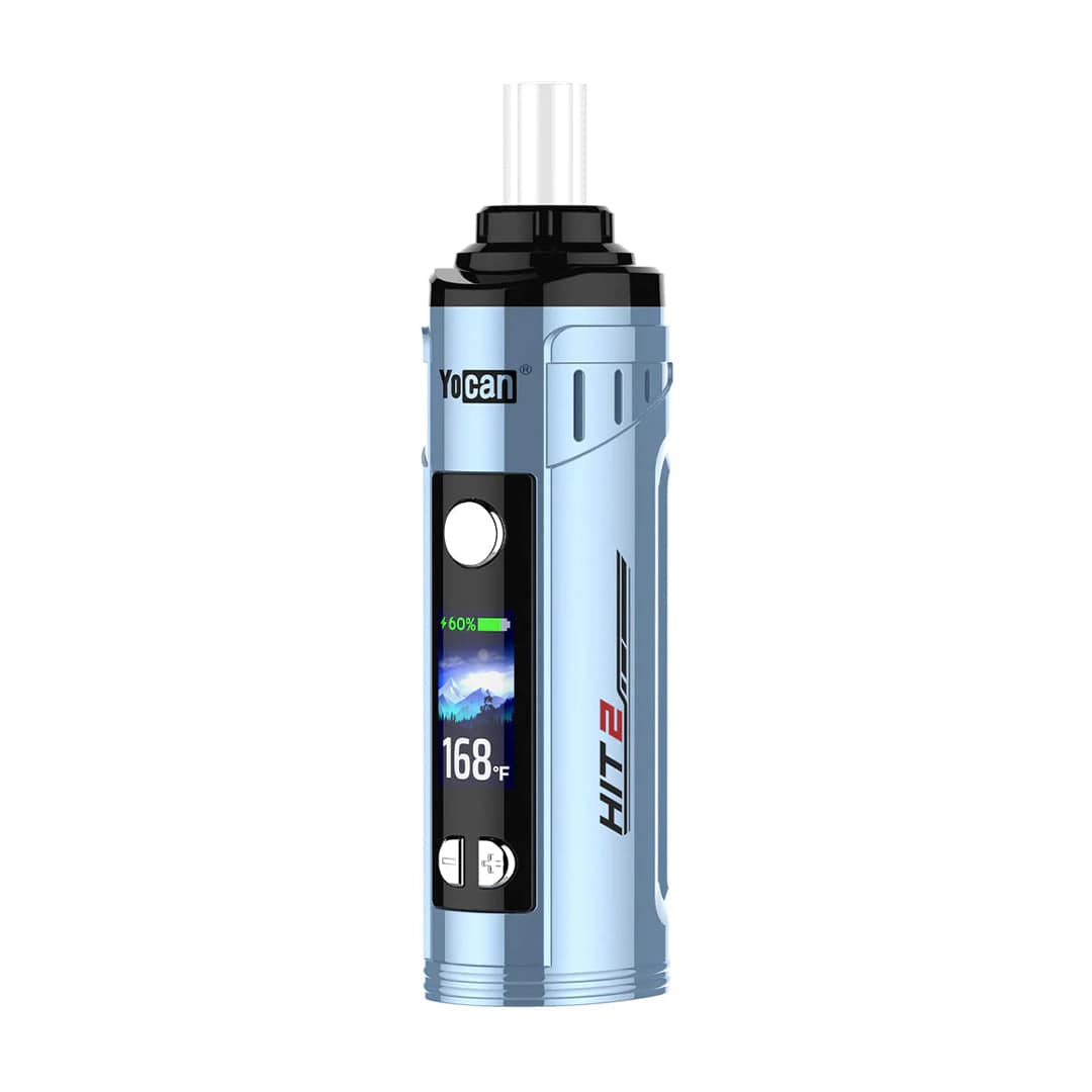Front-facing product shot of the blue Yocan Hit 2 Vaporizer showing its cylindrical body, digital display reading 168°F, black mouthpiece, and side branding.