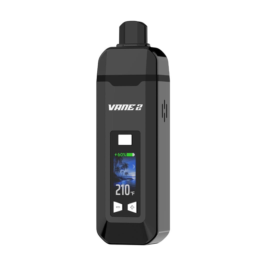 Front three-quarter view of the Pearl White Yocan Vane 2 Vaporizer standing upright on a white background, showing its front display with temperature readout and control buttons.