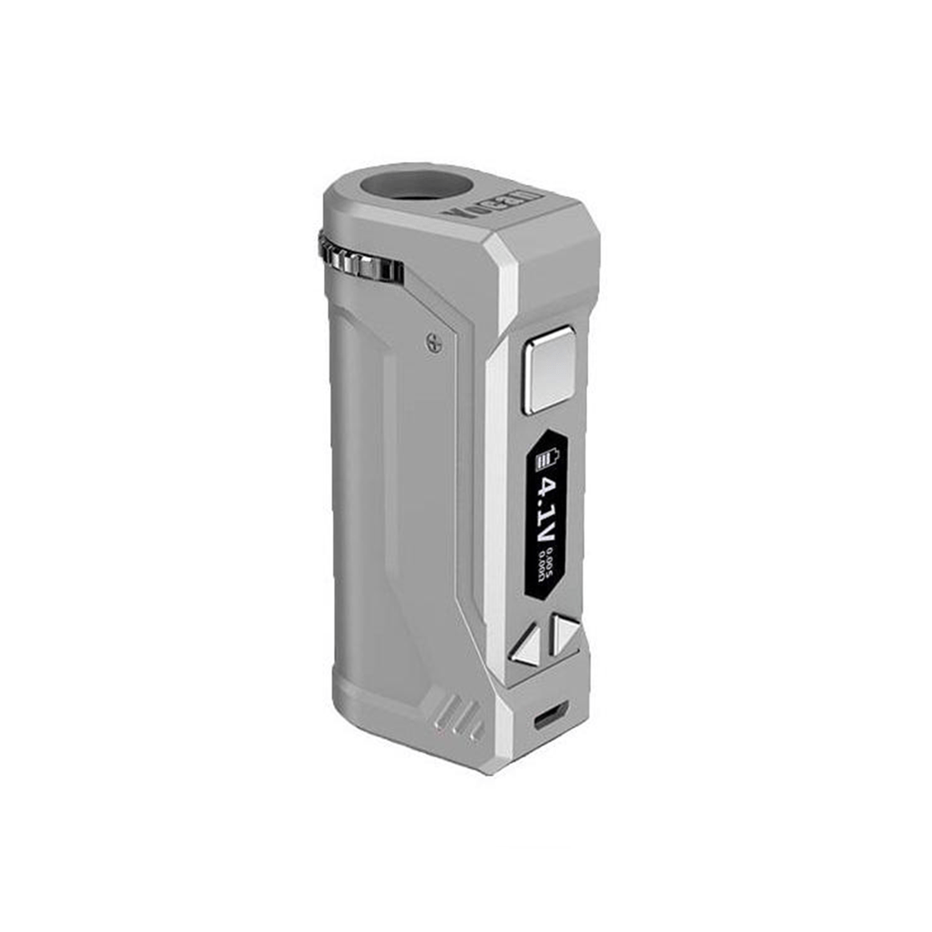 Three-quarter front view of the red Yocan UNI Pro showing its angled metal body, side control buttons and a small vertical display.